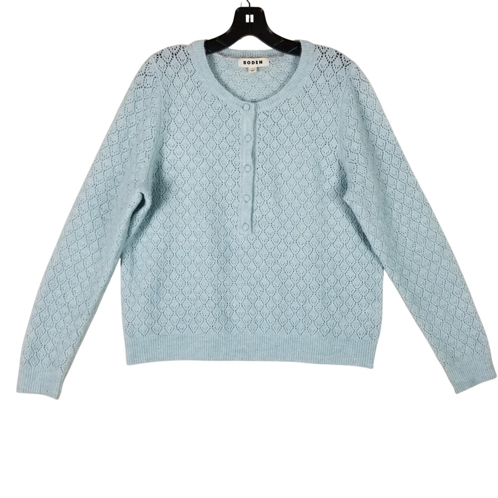 Boden Pointelle Henley Sweater Women Large Light Blue Mohair Wool Blend Knit
